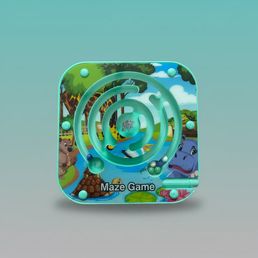 Maze Puzzle Game by Gift Hub Mart, turquoise spiral maze on a colorful jungle-themed board with marbles