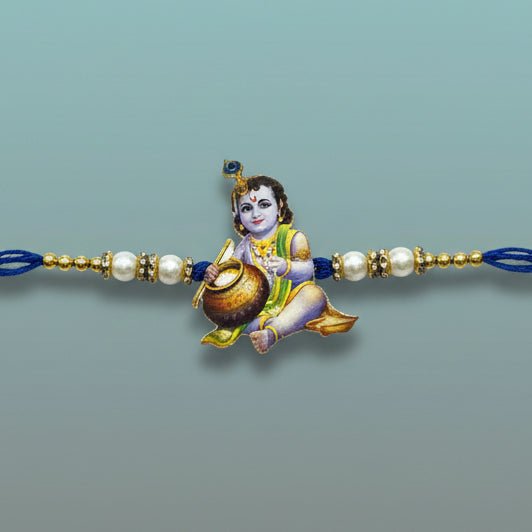 Gifthubmart Mdf Laddu Gopal Rakhi with blue cord and beadwork featuring Lord Krishna charm