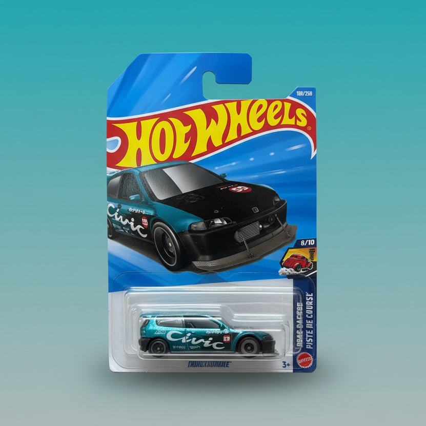 Hot Wheels mini car by Gifthubmart, turquoise blue die-cast toy car for ages 3+, in blue packaging.
