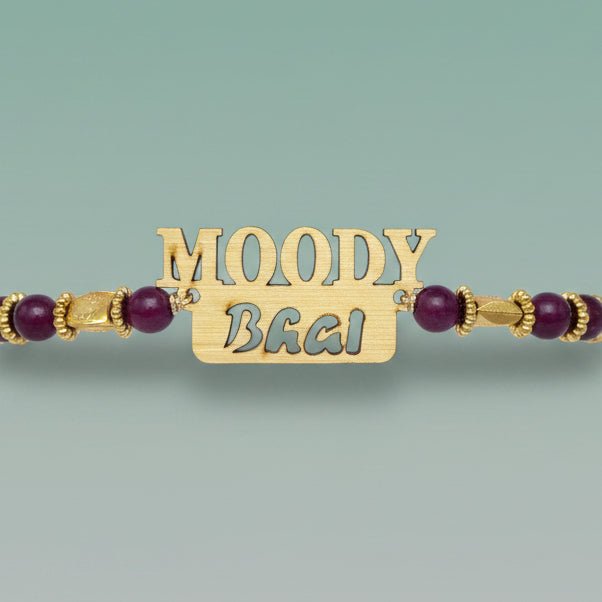 Bracelet Moody Bhai by GiftHubmart; gold-tone plate with Moody Bhai text and maroon bead accents