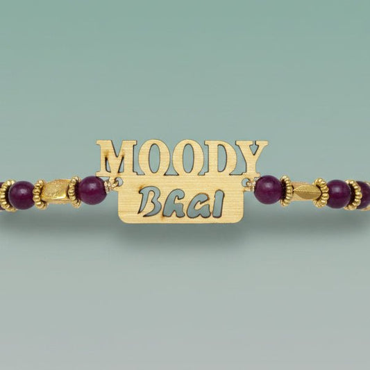 Bracelet Moody Bhai by GiftHubmart; gold-tone plate with Moody Bhai text and maroon bead accents
