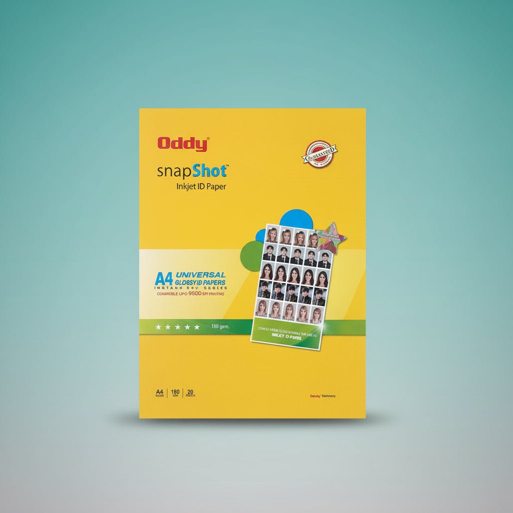 Oddy Inkjet Glossy ID Paper by Gift Hub Mart in yellow packaging, A4, 180gsm, 20 sheets