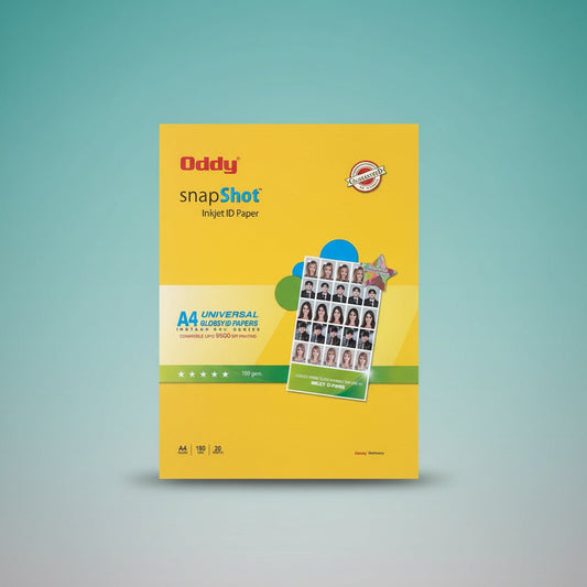 Oddy Inkjet Glossy ID Paper by Gift Hub Mart in yellow packaging, A4, 180gsm, 20 sheets