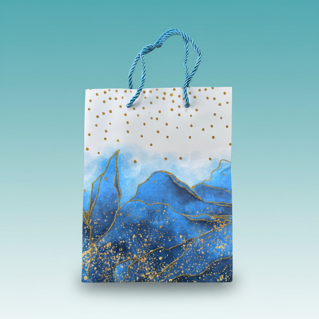 Paper Bag- Blue With Golden Alcohol Ink Design 18x23x10 Cms by Gift Hub Mart