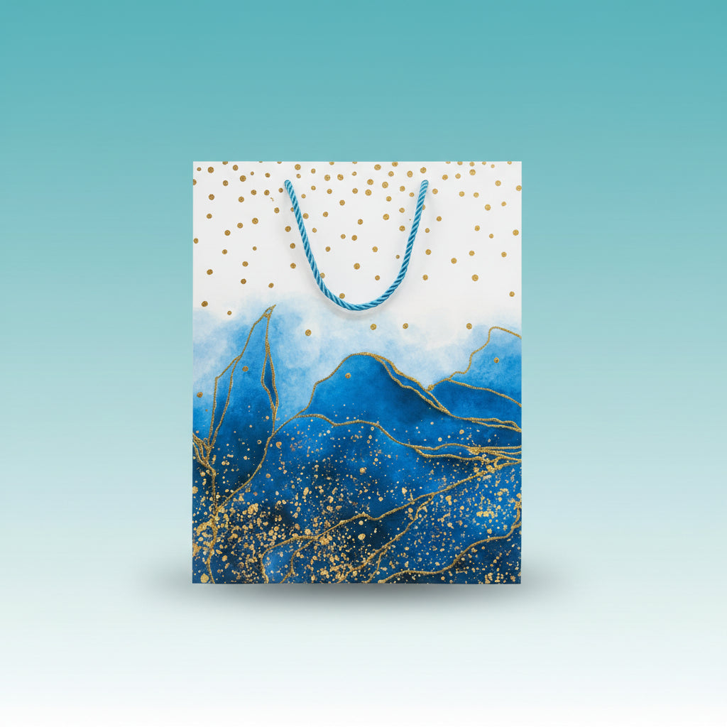 Paper Bag- Blue With Golden Alcohol Ink Design 26x32x10 Cms by Gift Hub Mart