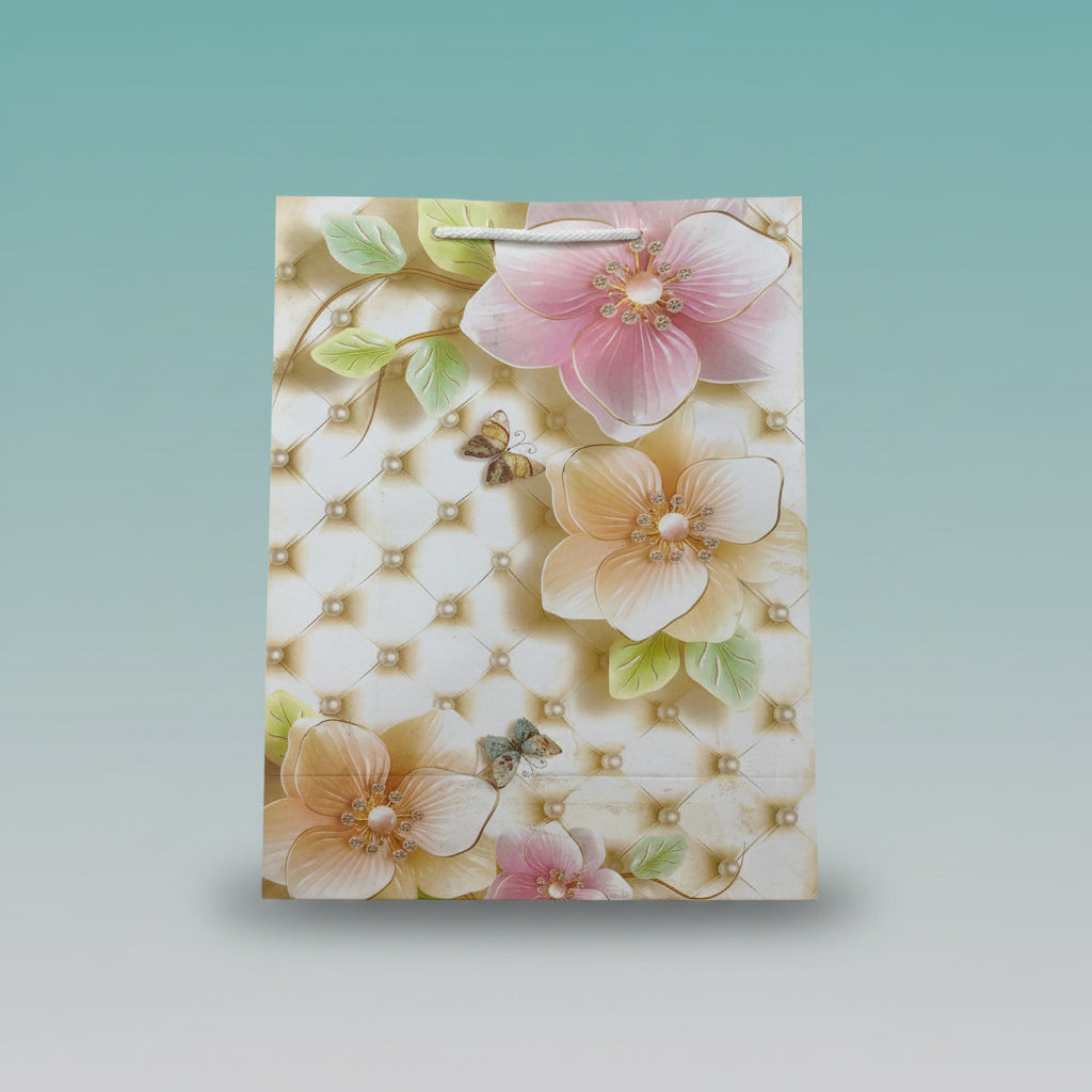 Paper Bag Medium Big Pink & Peach Flowers Print by Gifthubmart