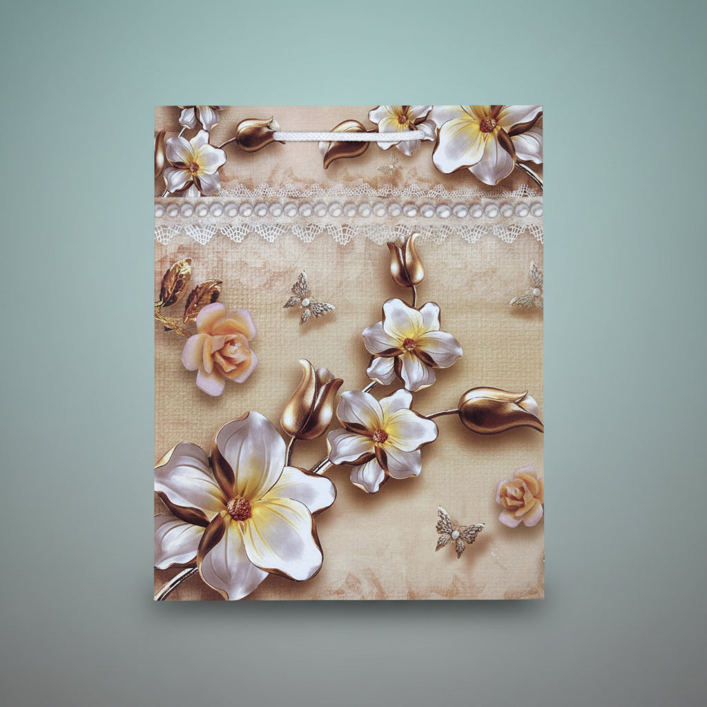 Paper Bag Medium Light Brown Colour with Rose & Flowers Print by Gifthubmart