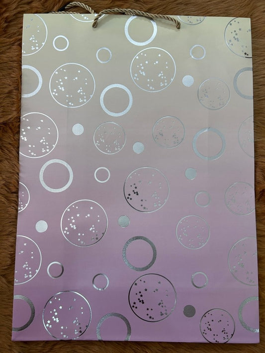 Paper Bag- Pink Cream Shaded With Silver Circles 30x41.5x12 Cms - Gift Hub Mart