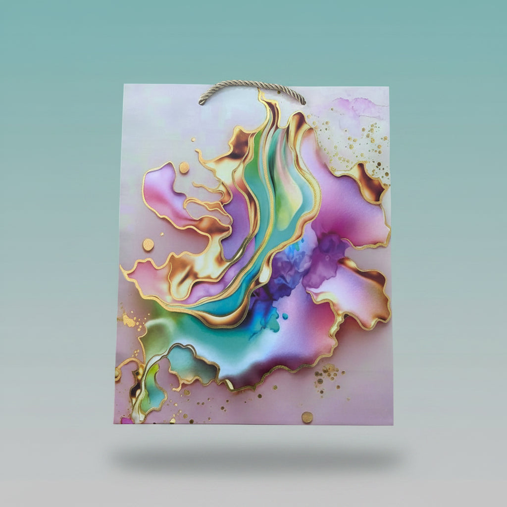 Paper Bag- Pink With Multicolour Alcohol Ink Design 26x32x10 Cms by Gift Hub Mart