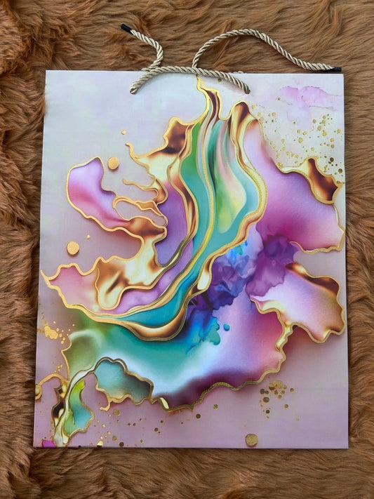 Paper Bag- Pink With Multicolour Alcohol Ink Design 26x32x10 Cms - Gift Hub Mart