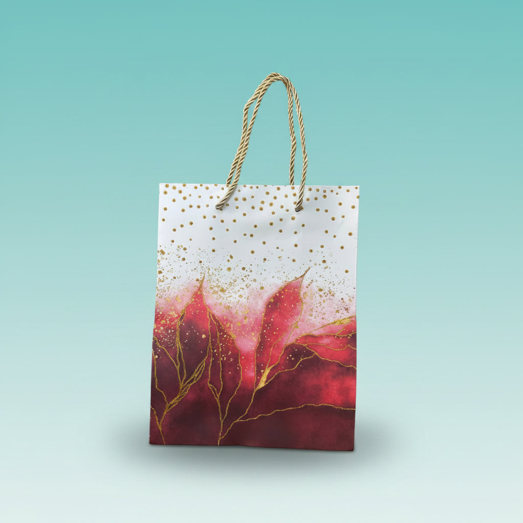 Paper Bag- Red With Golden Alcohol Ink Design 18x23x10 Cms by Gift Hub Mart