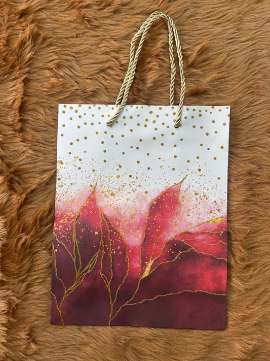 Paper Bag- Red With Golden Alcohol Ink Design 18x23x10 Cms - Gift Hub Mart