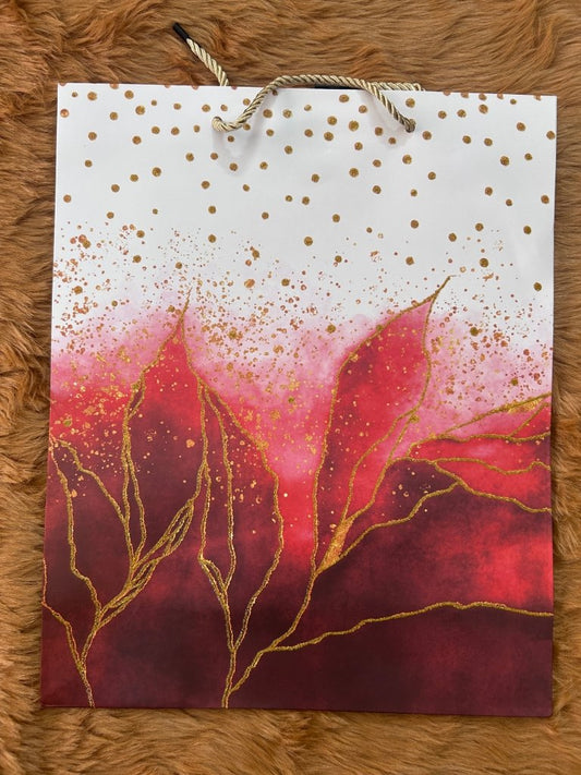 Paper Bag- Red With Golden Alcohol Ink Design 26x32x10 Cms - Gift Hub Mart
