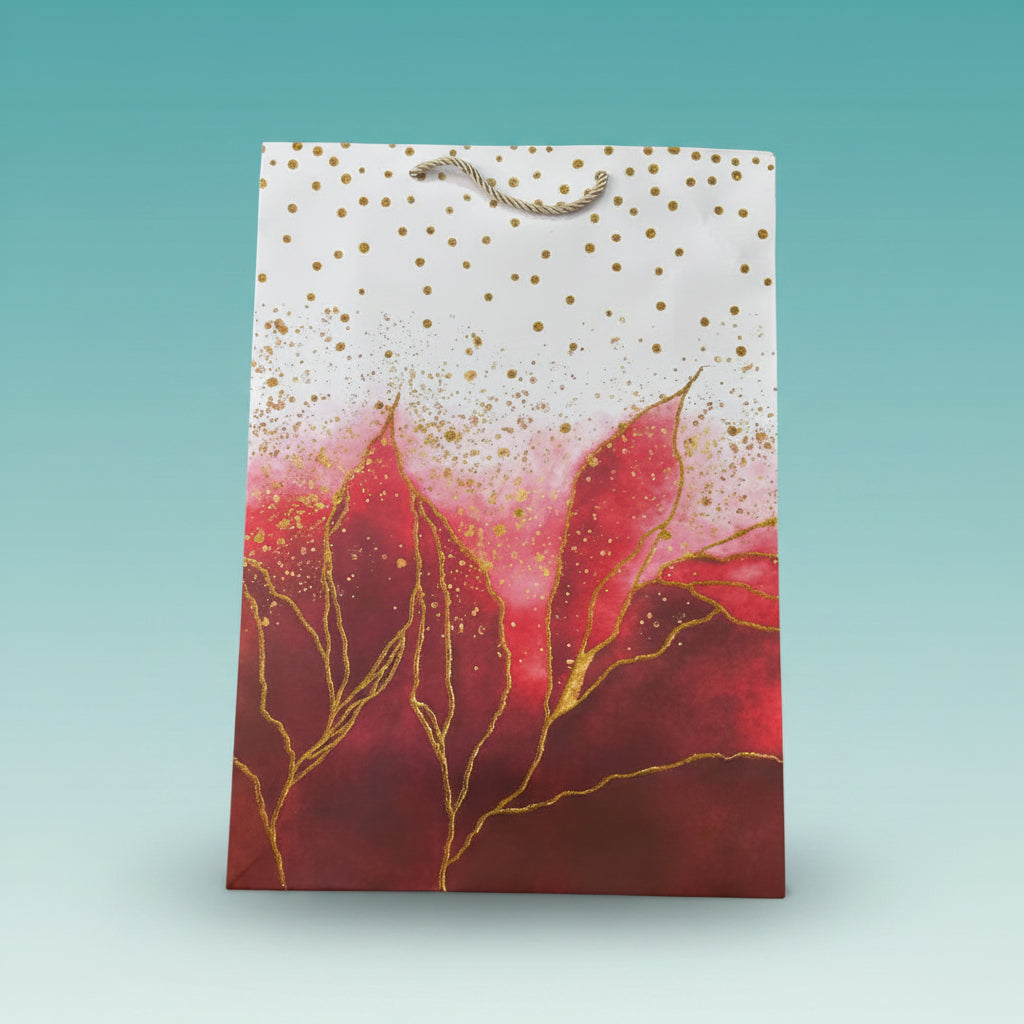 Paper Bag- Red With Golden Alcohol Ink Design 30x41.5x12 Cms by Gift Hub Mart