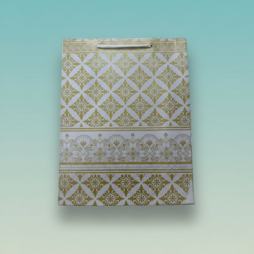 Paper Bag Small White & Golden Rhombus Floral Design by Gifthubmart