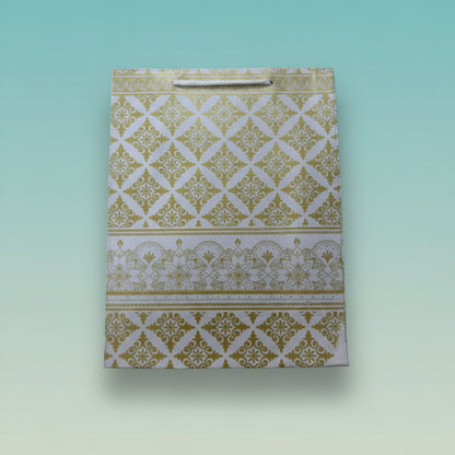 Paper Bag Small White & Golden Rhombus Floral Design by Gifthubmart