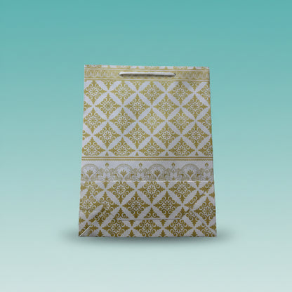 Paper Bag Small White & Golden Rhombus Floral Design by Gifthubmart