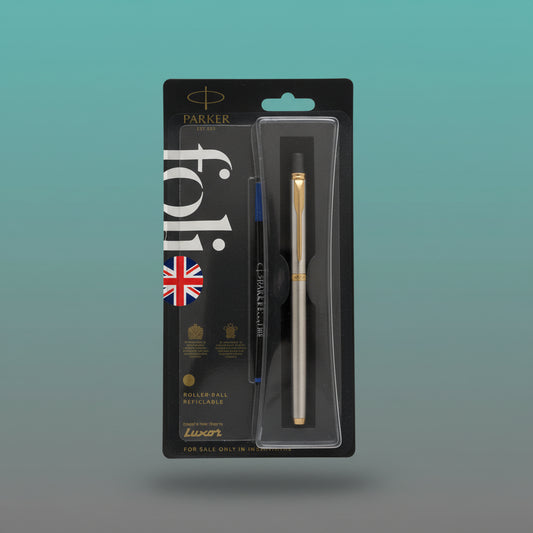 Parker Folio Stainless Steel Gold Trim Roller Ball Pen by Gift Hub Mart