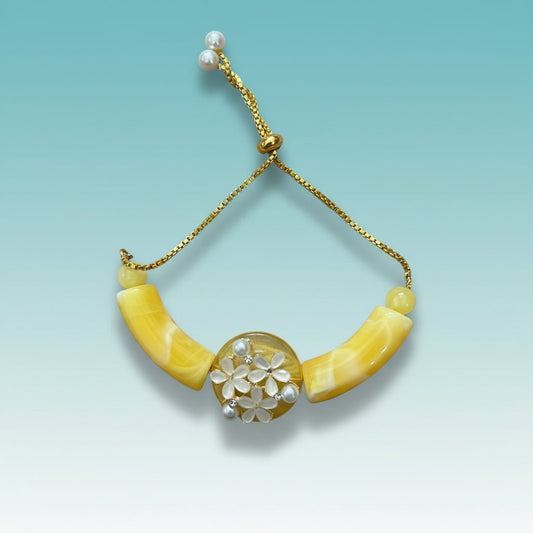 Gifthubmart Peach and Yellow Bracelet Rakhi with gold chain and pearl centerpiece