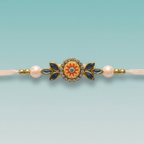 Gifthubmart Peach Small Lumba BB Rakhi with peach beads and floral centerpiece