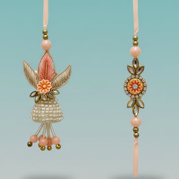 Gifthubmart Peach Small Lumba BB Rakhi with peach ribbon and floral bead pendant