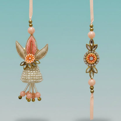 Gifthubmart Peach Small Lumba BB Rakhi with peach ribbon and floral bead pendant