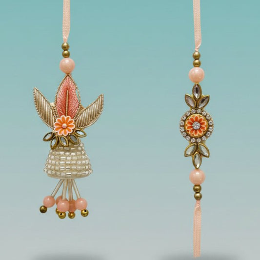 Gifthubmart Peach Small Lumba BB Rakhi with peach ribbon and floral bead pendant