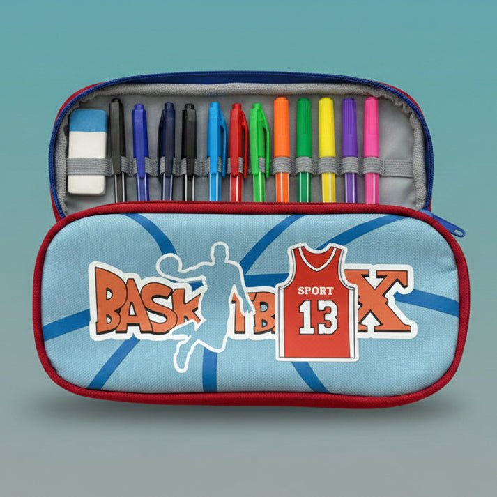 Pencil Pouch Double Chain- Sport 13 by Gift Hub Mart, blue sport-themed case with dual zippers