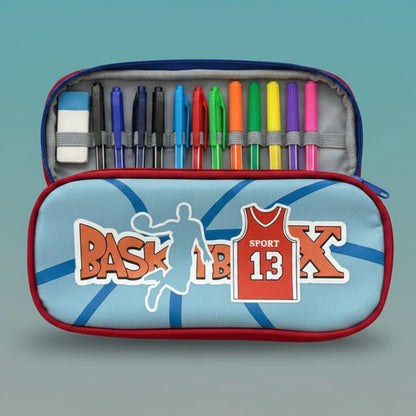 Pencil Pouch Double Chain- Sport 13 by Gift Hub Mart, blue sport-themed case with dual zippers