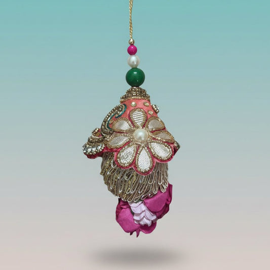 Gift Hub Mart Pink Gota Work Lumba tassel with pink, white and green beads and ornate embroidered cap