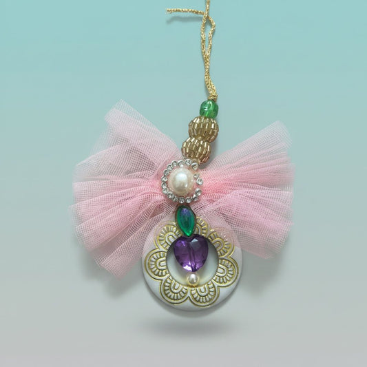 Gift Hub Mart Pink Net Lumba pendant necklace with pink bow, purple centerpiece and pearl accents