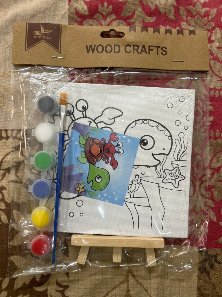 Pre Printed Canvas Easel by Gifthubmart – wooden craft kit with colorful paints, brush, and mini easel.