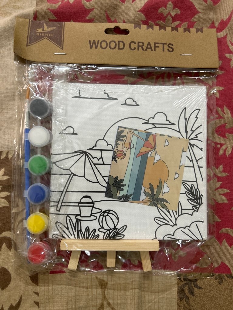 Gifthubmart Pre Printed Canvas Easel kit with colorful paints, beach scene on canvas