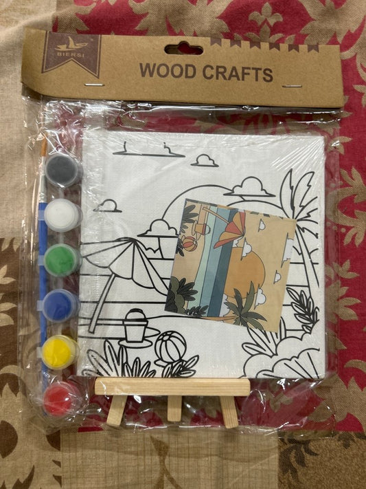 Gifthubmart Pre Printed Canvas Easel kit with colorful paints, beach scene on canvas