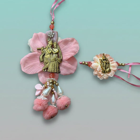 Gifthubmart Radha Krishna Bb Rakhi pink beaded twin set with gold idols on pink petal pendants