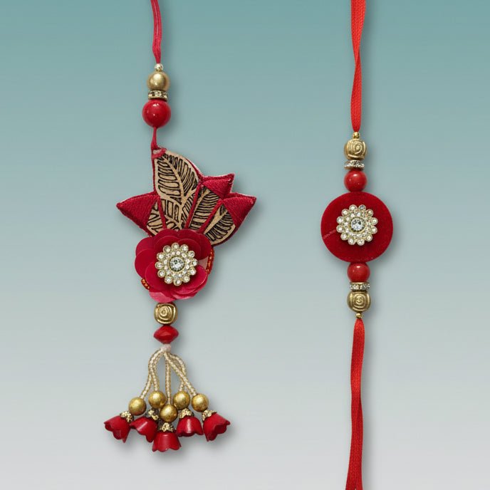 Red MDF BB Rakhi by Gifthubmart with gold bead accents and red tassel