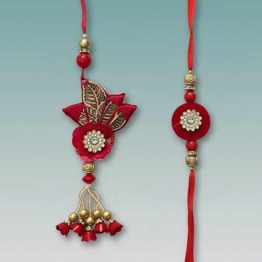 Red MDF BB Rakhi by Gifthubmart with gold bead accents and red tassel