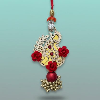 Red MDF Kairi BB Rakhi by Gifthubmart on red cord with crystal pendant