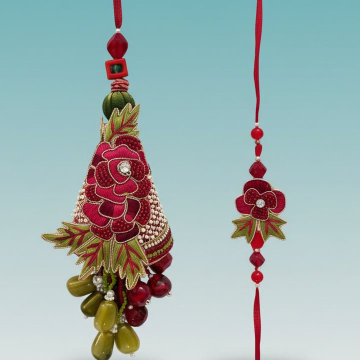 Rose Bb Rakhi - Gifthubmart set of 2, red floral beaded rakhi with tassel cords