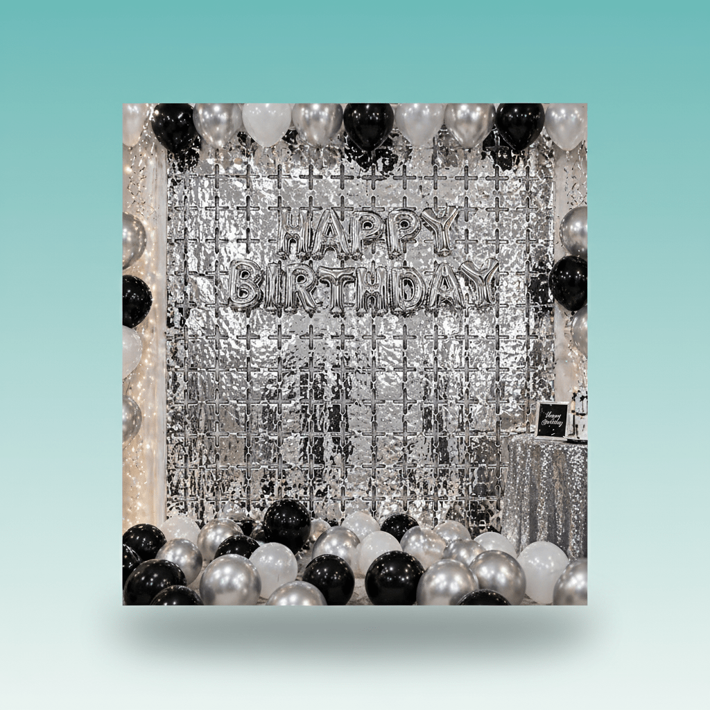 Silver Square Foil Curtain by Gift Hub Mart, party backdrop with black and silver balloons