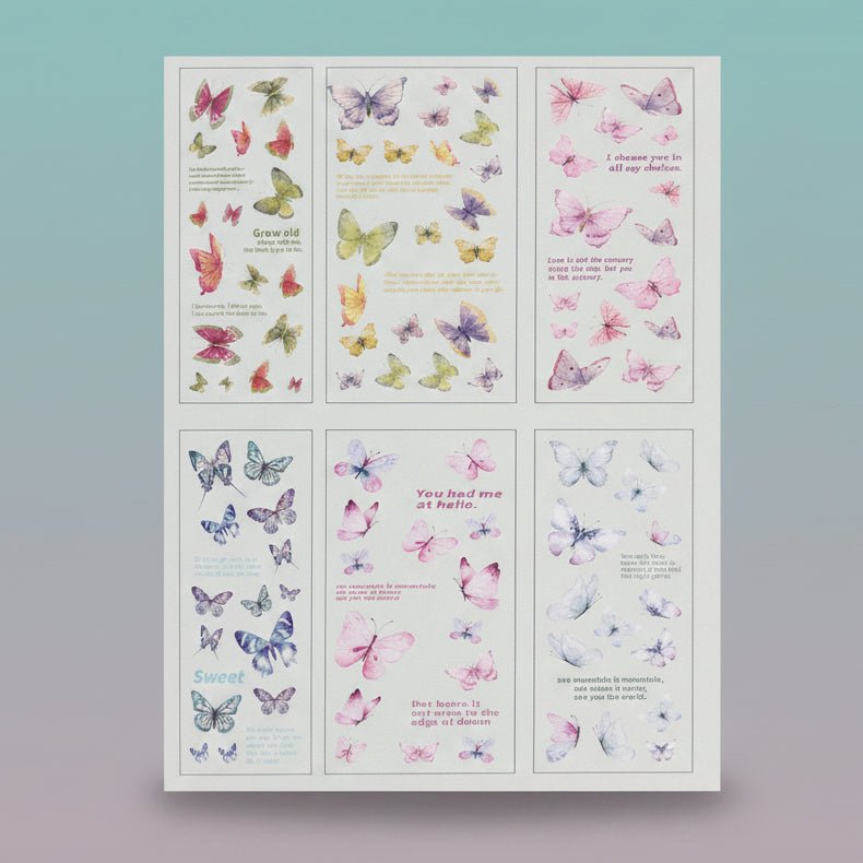 Butterfly sticker sheet set by Gift Hub Mart — three panels of colorful butterfly stickers with quotes