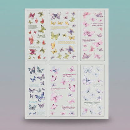 Butterfly sticker sheet set by Gift Hub Mart — three panels of colorful butterfly stickers with quotes