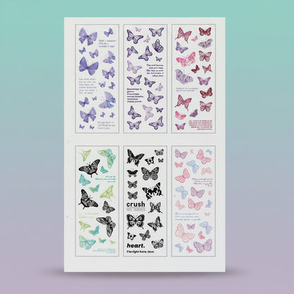 Butterfly sticker sheet by Gift Hub Mart, three-panel design with purple, lavender and pink butterflies.