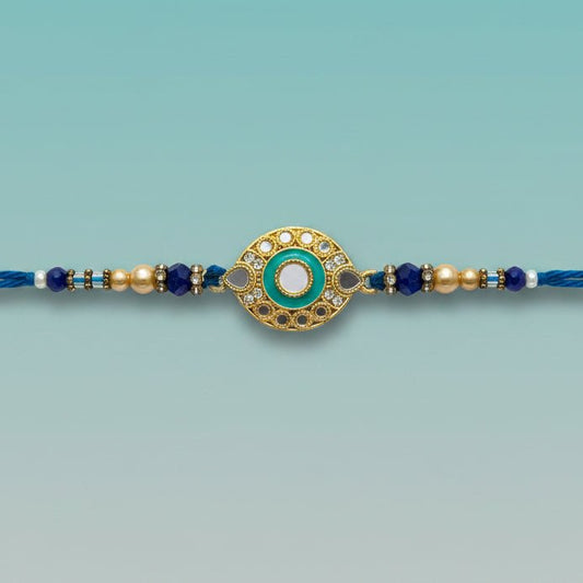 Gifthubmart Stone Sadi Rakhi 65B with teal centerpiece and beaded cord