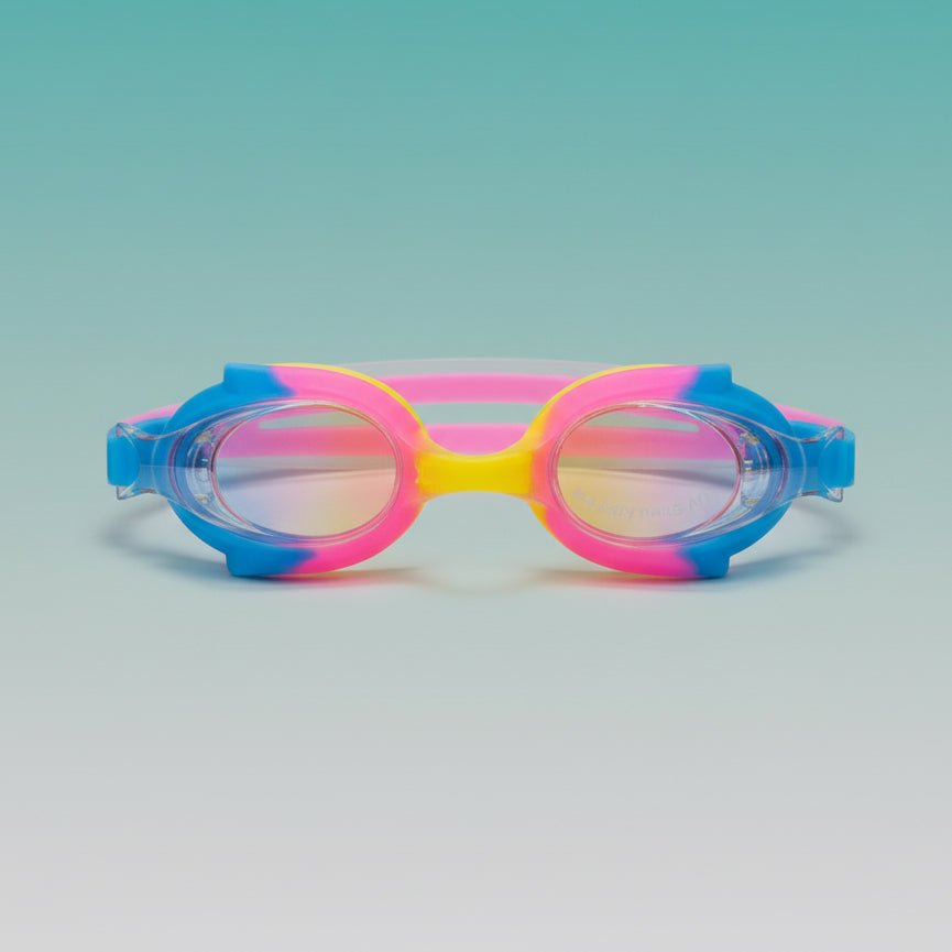 Gift Hub Mart Swim Goggle CI 1130 PF-005, pink/yellow/blue goggles in clear plastic case