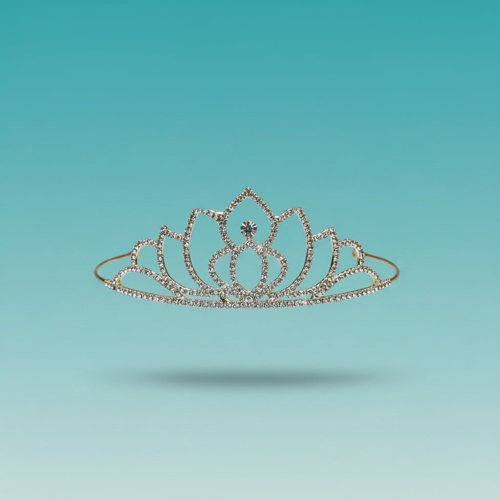 Tiara by Gift Hub Mart, silver rhinestone crown on blue display stand, wrapped in clear plastic