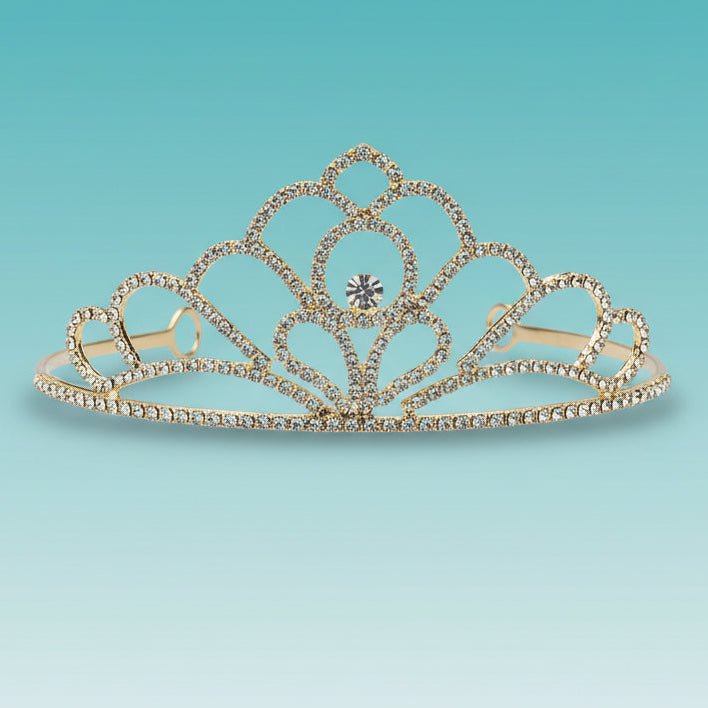 Tiara headband from Gift Hub Mart in gold glitter on a blue display stand.