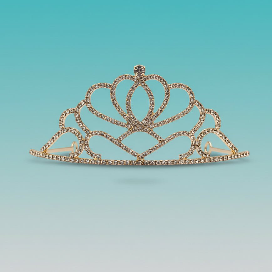 Tiara by Gift Hub Mart, sparkling silver rhinestone crown on blue display stand