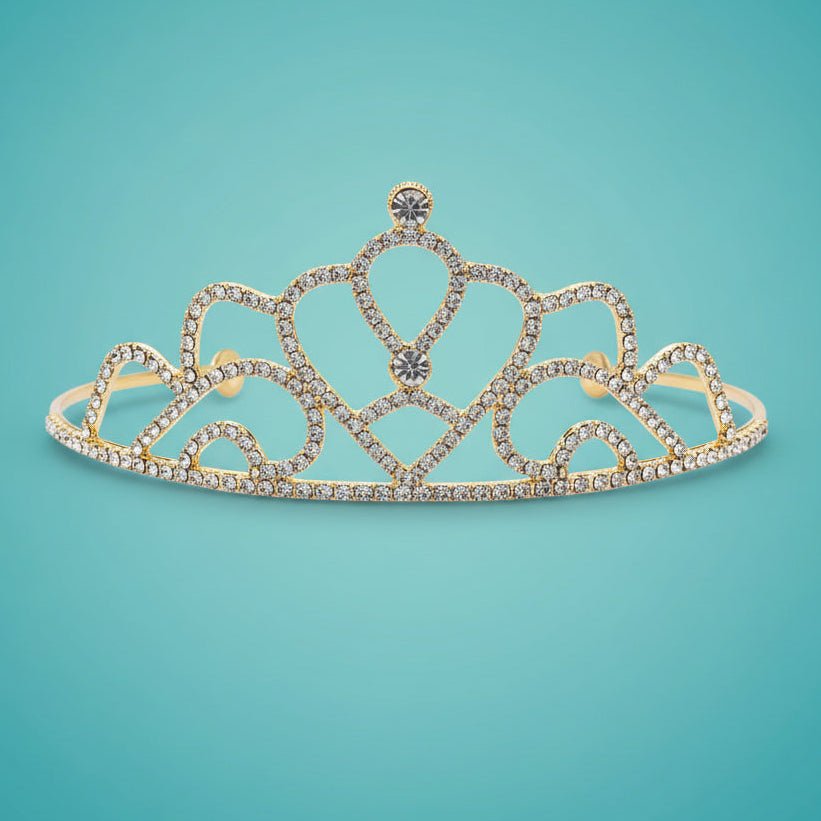 Tiara by Gift Hub Mart, crystal crown with silver finish on a blue display stand