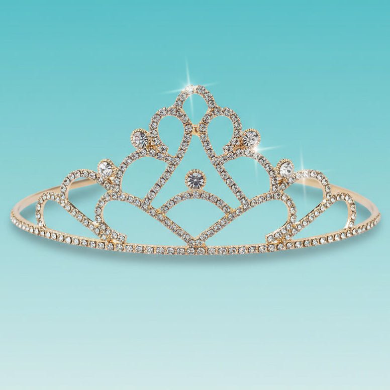 Tiara by Gift Hub Mart, gold rhinestone crown on blue display stand